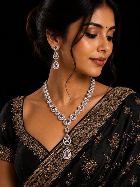 Premium Pink Crystal & American Diamond Necklace Set | Elegant Party Wear Jewelry