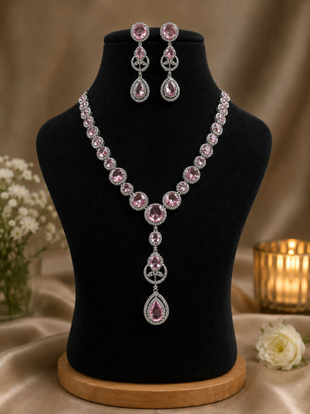 Premium Pink Crystal & American Diamond Necklace Set | Elegant Party Wear Jewelry