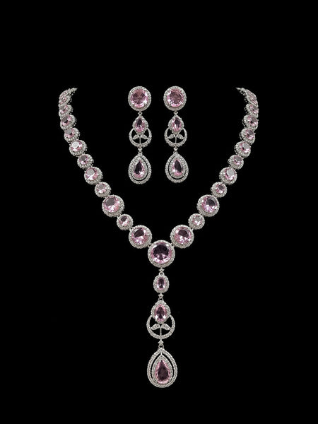 Premium Pink Crystal & American Diamond Necklace Set | Elegant Party Wear Jewelry