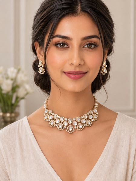 Timeless Elegance Kundan Polki Choker Necklace Set with Seed Pearl Border & Drop Earrings in Gold Brass