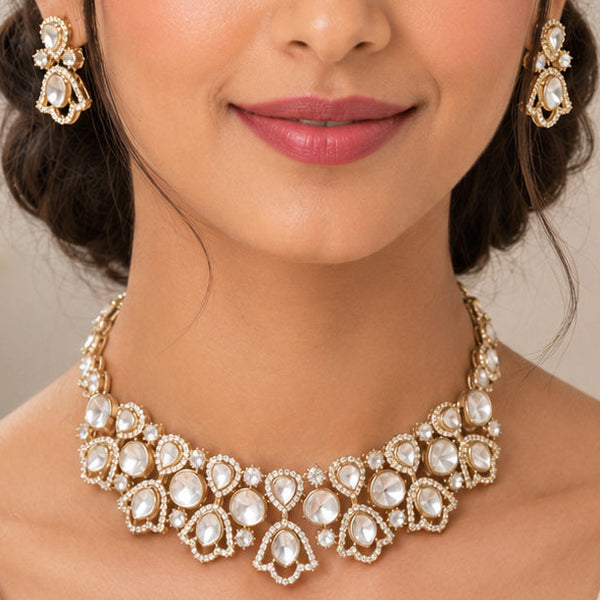 Timeless Elegance Kundan Polki Choker Necklace Set with Seed Pearl Border & Drop Earrings in Gold Brass