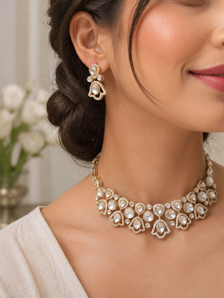 Timeless Elegance Kundan Polki Choker Necklace Set with Seed Pearl Border & Drop Earrings in Gold Brass
