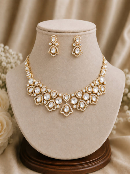 Timeless Elegance Kundan Polki Choker Necklace Set with Seed Pearl Border & Drop Earrings in Gold Brass