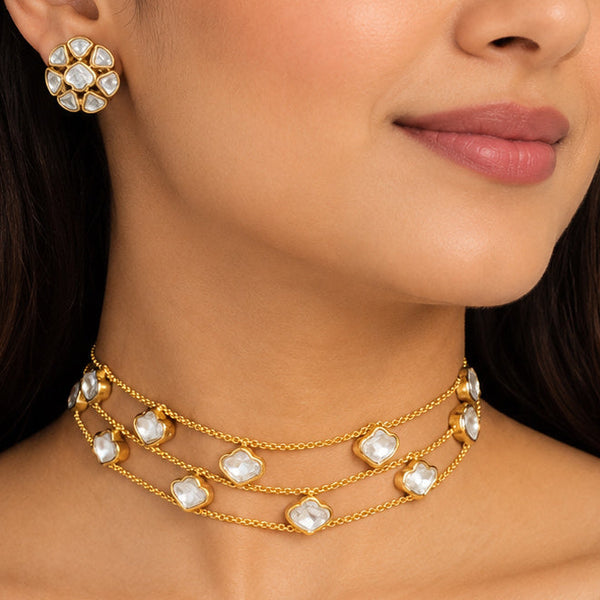Elegant Golden Brass Polki Necklace & Earrings Set with Moissanite