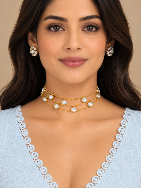 Elegant Golden Brass Polki Necklace & Earrings Set with Moissanite