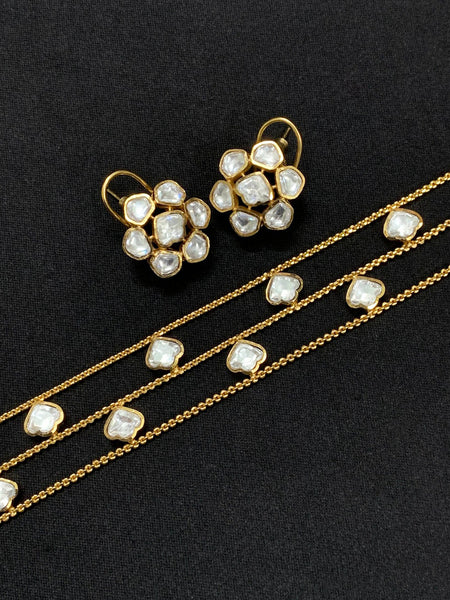 Elegant Golden Brass Polki Necklace & Earrings Set with Moissanite