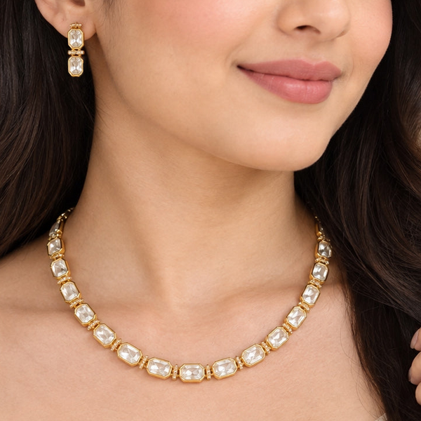 Elegant Gold-Plated Moissanite Polki Necklace Set with AAA Quality American Diamonds