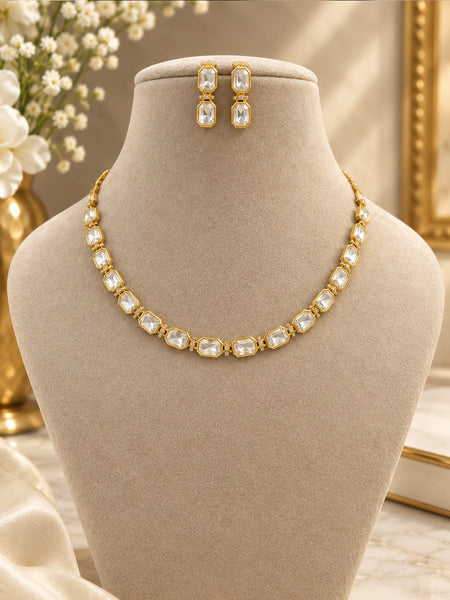 Elegant Gold-Plated Moissanite Polki Necklace Set with AAA Quality American Diamonds