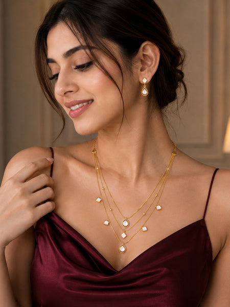 Golden Brass Polki Moissanite Necklace Set for Women | Elegant Layered Necklace with Matching Earrings | Traditional & Party Wear Jewelry