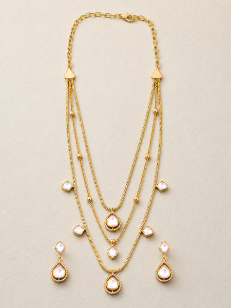 Golden Brass Polki Moissanite Necklace Set for Women | Elegant Layered Necklace with Matching Earrings | Traditional & Party Wear Jewelry