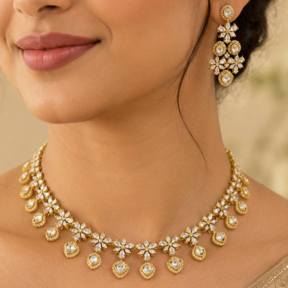 Floral Kundan Polki Choker Necklace Set with Dangling Diamond Drops & Long Earrings in Gold Brass"