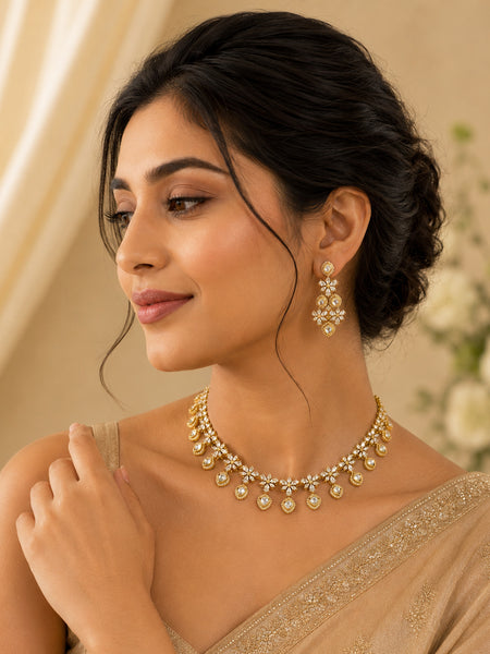 Floral Kundan Polki Choker Necklace Set with Dangling Diamond Drops & Long Earrings in Gold Brass"