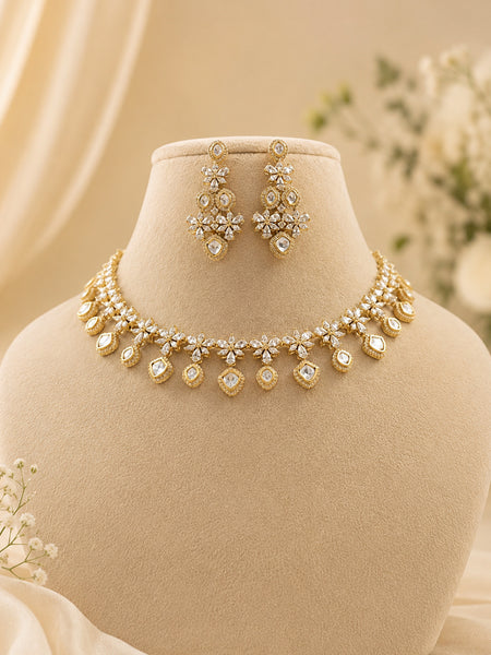 Floral Kundan Polki Choker Necklace Set with Dangling Diamond Drops & Long Earrings in Gold Brass"