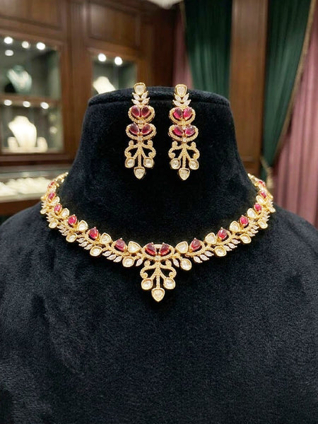 Classic AD Polki Necklace Set with Hydro Ruby Stones