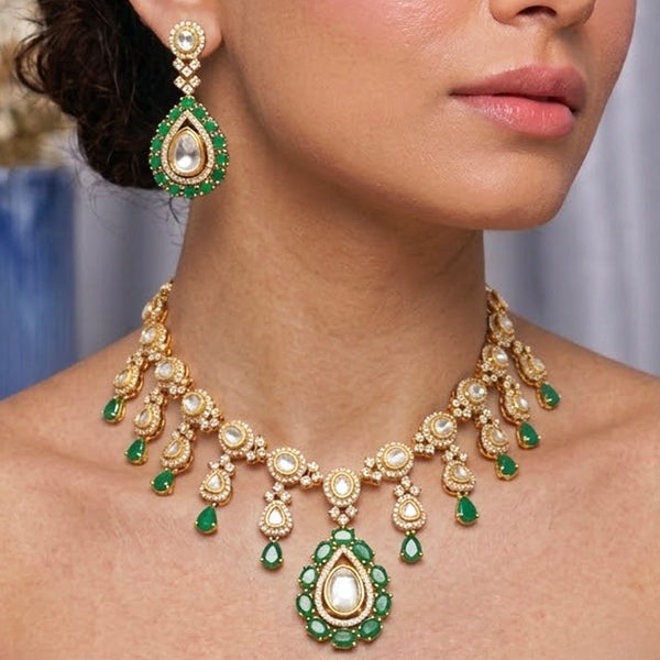 Classic Green AD Polki Necklace Set with Hydro Stones