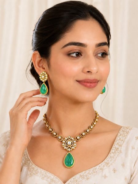 Premium Gold-Plated Green Doublet Necklace Set with AAA AD Polki & Moissanite Stones – Elegant Designer Jewellery
