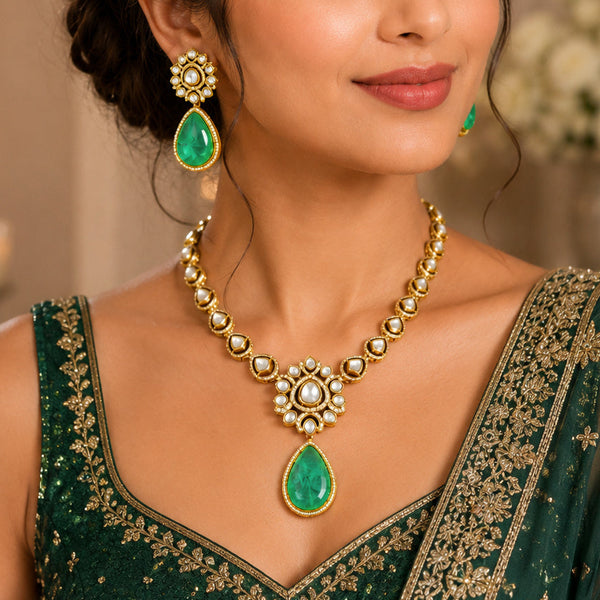 Premium Gold-Plated Green Doublet Necklace Set with AAA AD Polki & Moissanite Stones – Elegant Designer Jewellery
