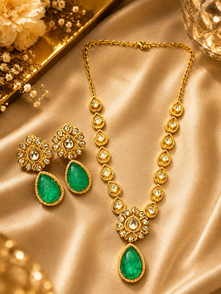 Premium Gold-Plated Green Doublet Necklace Set with AAA AD Polki & Moissanite Stones – Elegant Designer Jewellery