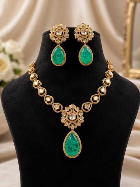 Premium Gold-Plated Green Doublet Necklace Set with AAA AD Polki & Moissanite Stones – Elegant Designer Jewellery