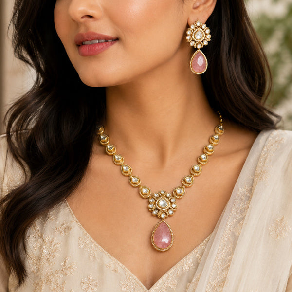 Premium Gold-Plated Pink Doublet Necklace Set with AAA AD Polki & Moissanite Stones – Elegant Designer Jewellery