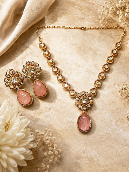 Premium Gold-Plated Pink Doublet Necklace Set with AAA AD Polki & Moissanite Stones – Elegant Designer Jewellery