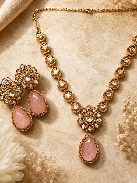 Premium Gold-Plated Pink Doublet Necklace Set with AAA AD Polki & Moissanite Stones – Elegant Designer Jewellery