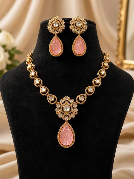 Premium Gold-Plated Pink Doublet Necklace Set with AAA AD Polki & Moissanite Stones – Elegant Designer Jewellery