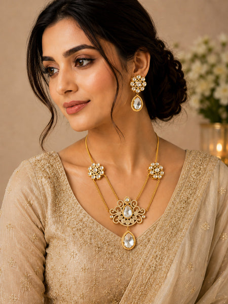Double Chain Kundan Polki Necklace Set with Filigree Pendant Teardrop & Stud Earrings in Gold Brass"