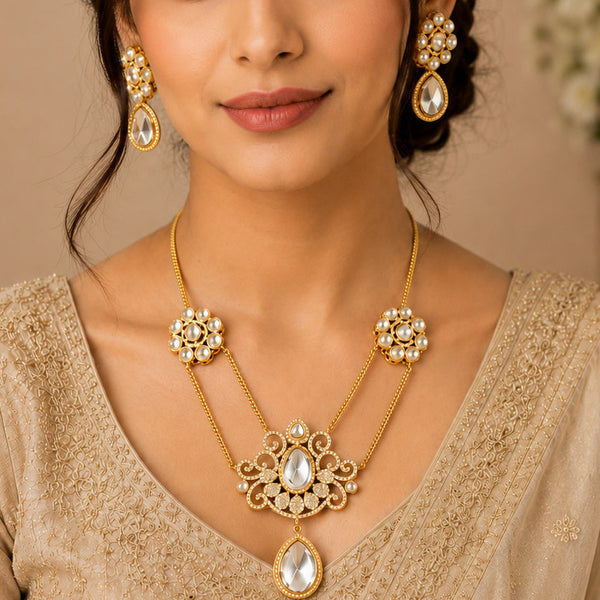 Double Chain Kundan Polki Necklace Set with Filigree Pendant Teardrop & Stud Earrings in Gold Brass"