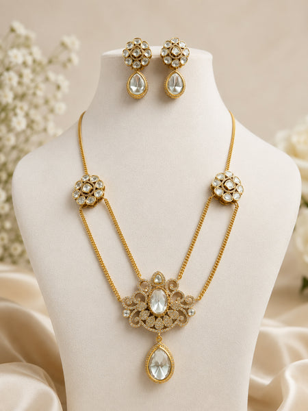 Double Chain Kundan Polki Necklace Set with Filigree Pendant Teardrop & Stud Earrings in Gold Brass"