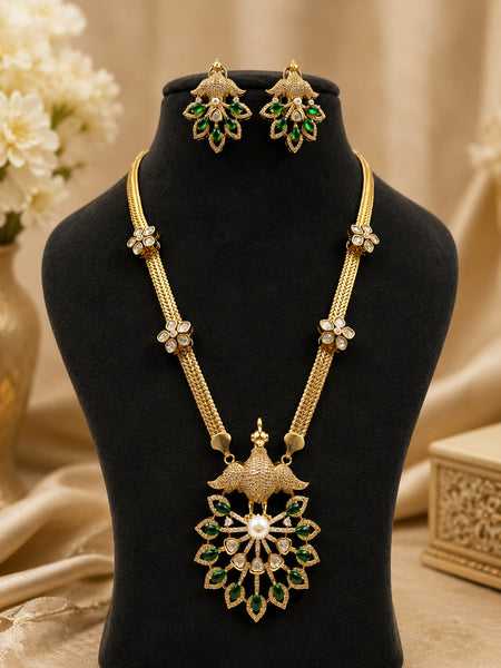 Silver-Plated Emerald Green Doublet Stone Necklace Set with AAA Quality AD & Polki Moissanite