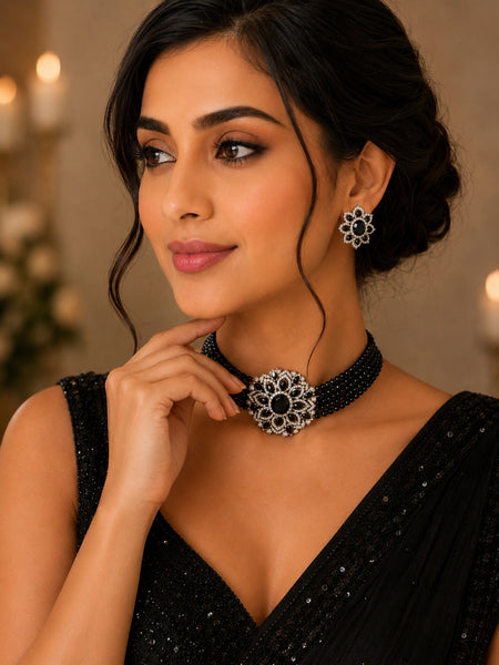 Multi-Strand Black Onyx Bead Choker Necklace Set with Floral AD Centre Piece & Earrings in Victorian Silver"