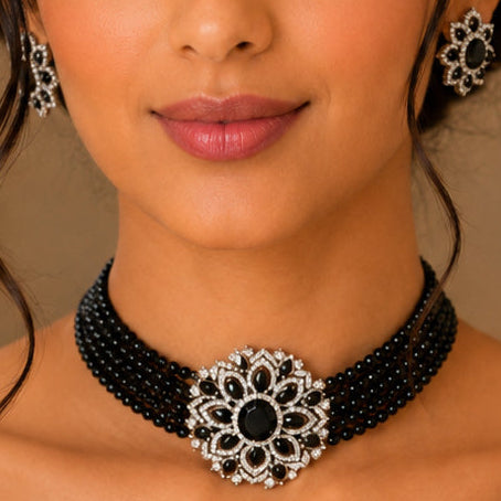 Multi-Strand Black Onyx Bead Choker Necklace Set with Floral AD Centre Piece & Earrings in Victorian Silver"