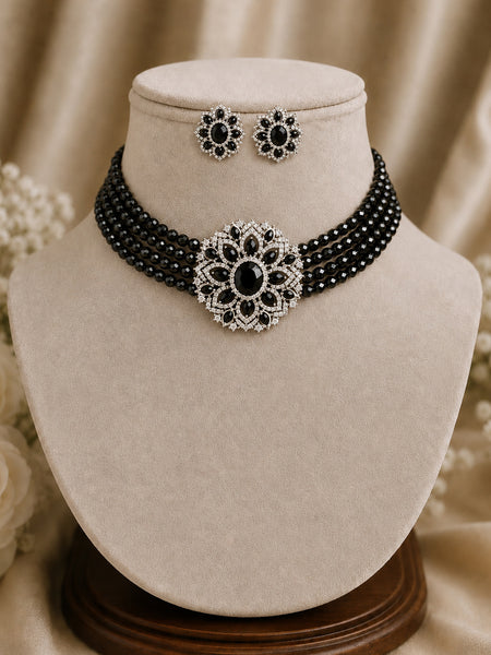 Multi-Strand Black Onyx Bead Choker Necklace Set with Floral AD Centre Piece & Earrings in Victorian Silver"