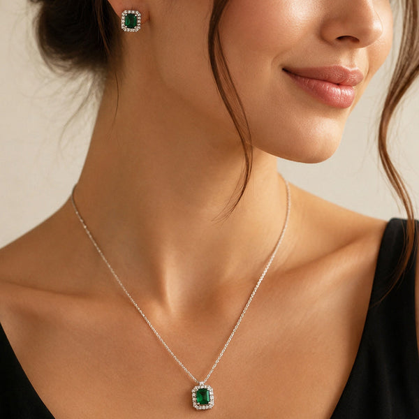 Premium Emerald Green Pendant Necklace Set | Elegant Crystal Jewelry with Matching Stud Earrings