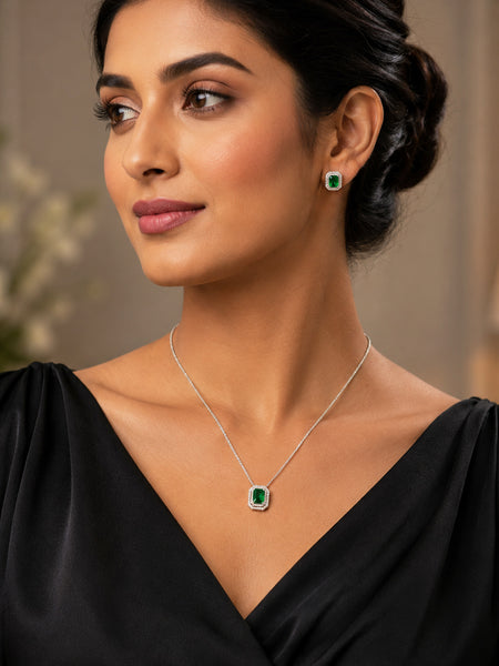 Premium Emerald Green Pendant Necklace Set | Elegant Crystal Jewelry with Matching Stud Earrings