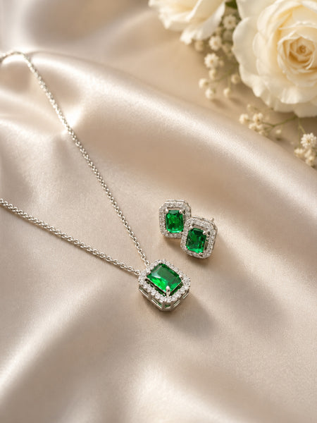 Premium Emerald Green Pendant Necklace Set | Elegant Crystal Jewelry with Matching Stud Earrings