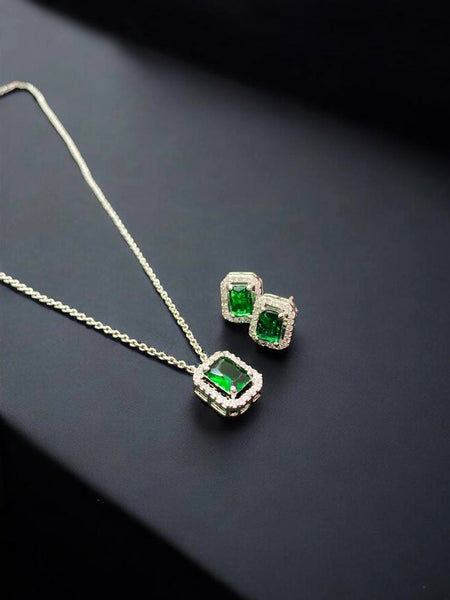 Premium Emerald Green Pendant Necklace Set | Elegant Crystal Jewelry with Matching Stud Earrings