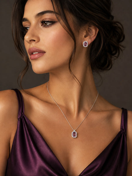 Elegant Purple Crystal Pendant Necklace & Stud Earrings Jewelry Set for Women