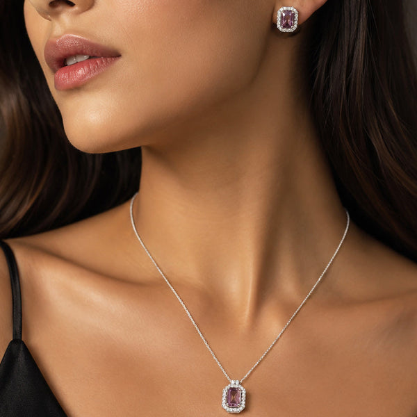 Elegant Purple Crystal Pendant Necklace & Stud Earrings Jewelry Set for Women