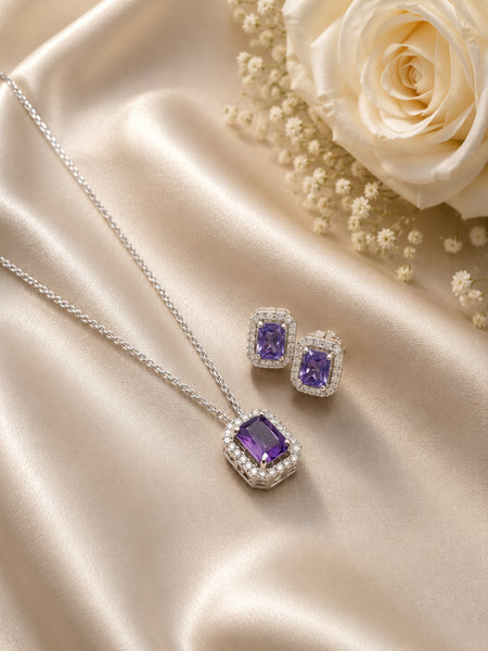 Elegant Purple Crystal Pendant Necklace & Stud Earrings Jewelry Set for Women