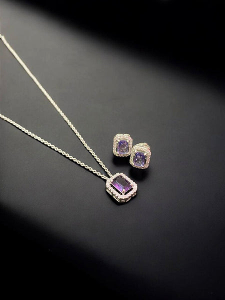 Elegant Purple Crystal Pendant Necklace & Stud Earrings Jewelry Set for Women