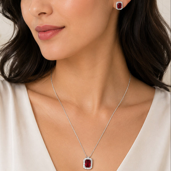 Elegant Red Crystal Pendant Necklace & Stud Earrings Jewelry Set for Women