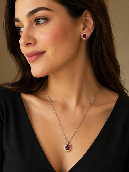 Elegant Red Crystal Pendant Necklace & Stud Earrings Jewelry Set for Women