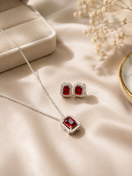Elegant Red Crystal Pendant Necklace & Stud Earrings Jewelry Set for Women