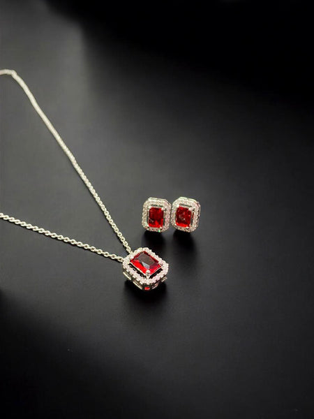 Elegant Red Crystal Pendant Necklace & Stud Earrings Jewelry Set for Women