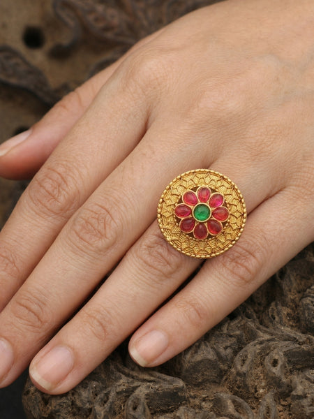 Traditional Floral Kundan Adjustable Ring