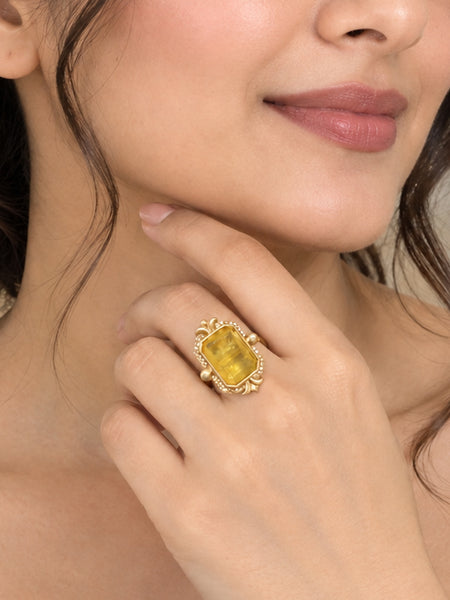Luxury High-End Yellow Doublet Statement Ring in Matt Gold Plated Brass with AAA Quality AD Stones
