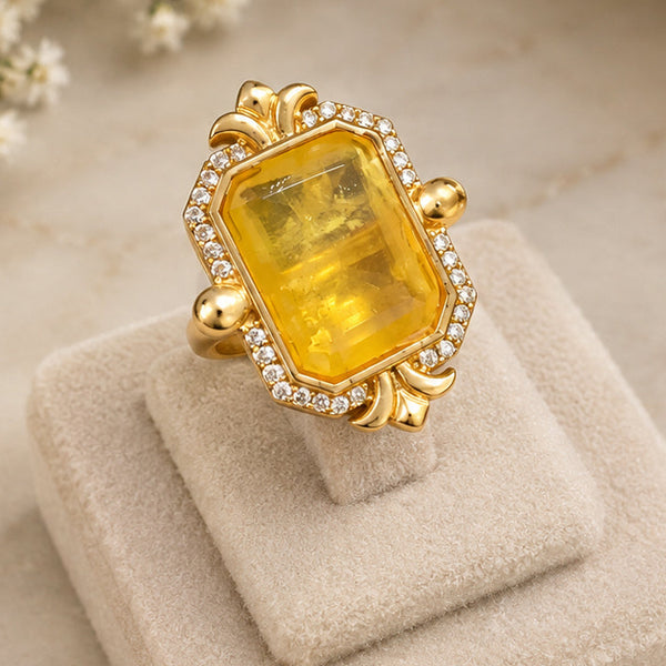 Luxury High-End Yellow Doublet Statement Ring in Matt Gold Plated Brass with AAA Quality AD Stones