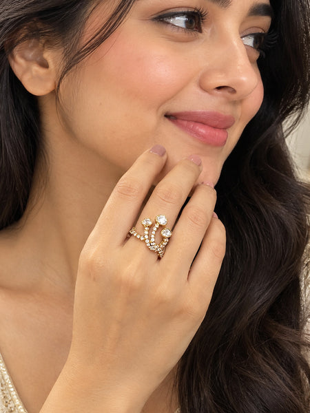 Luxury High-End Polki Statement Ring in Antique Gold Plated Brass with AAA Quality AD Stones